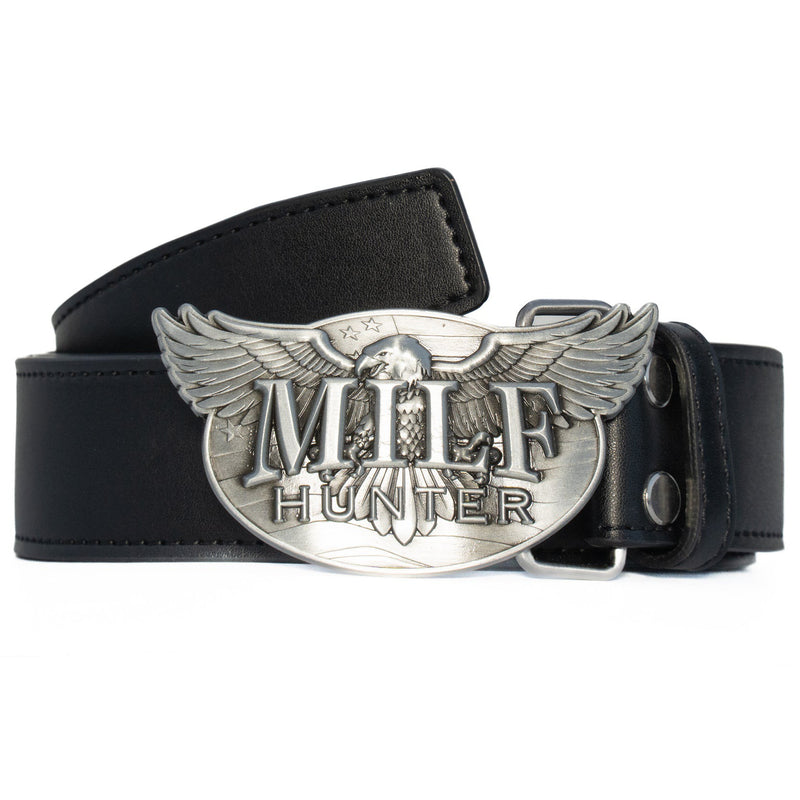 MILF Hunter Leather Belt - Black / Silver - - MILFDAD